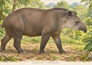 Ilustração de anta-brasileira adulta, de pelagem castanha uniforme e focinho curto e móvel, em vegetação tropical genérica.