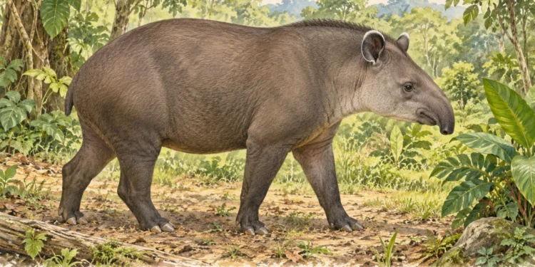 Ilustração de anta-brasileira adulta, de pelagem castanha uniforme e focinho curto e móvel, em vegetação tropical genérica.