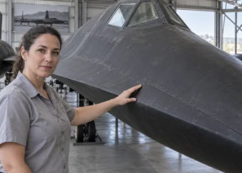 Mulher de camisa cinza toca uma junção na superfície dianteira de uma aeronave escura em um hangar.