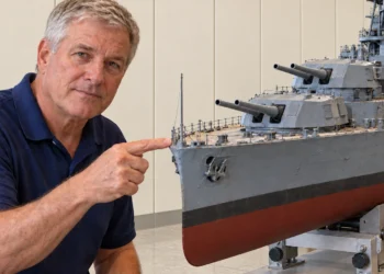 Homem de camisa azul aponta para a proa de uma maquete de navio cinza e vermelho sobre um suporte.