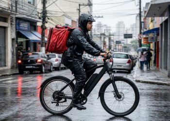 Entregador brasileiro usando capa de chuva e mochila térmica enquanto pedala uma bicicleta elétrica preta por rua urbana molhada durante uma chuva moderada. - (Imagem gerada por inteligência artificial-ChatGPT/Olhar Digital)