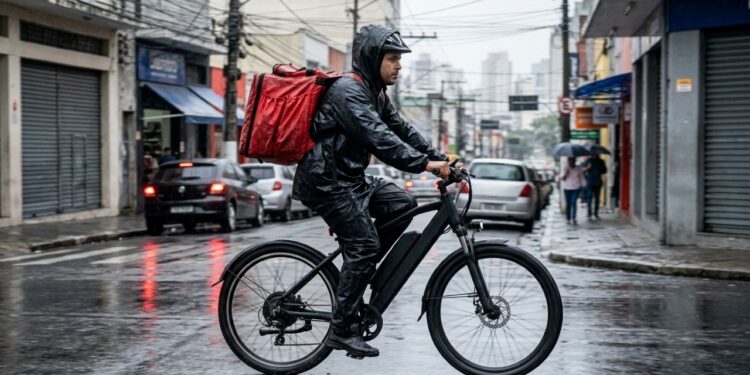 Entregador brasileiro usando capa de chuva e mochila térmica enquanto pedala uma bicicleta elétrica preta por rua urbana molhada durante uma chuva moderada. - (Imagem gerada por inteligência artificial-ChatGPT/Olhar Digital)