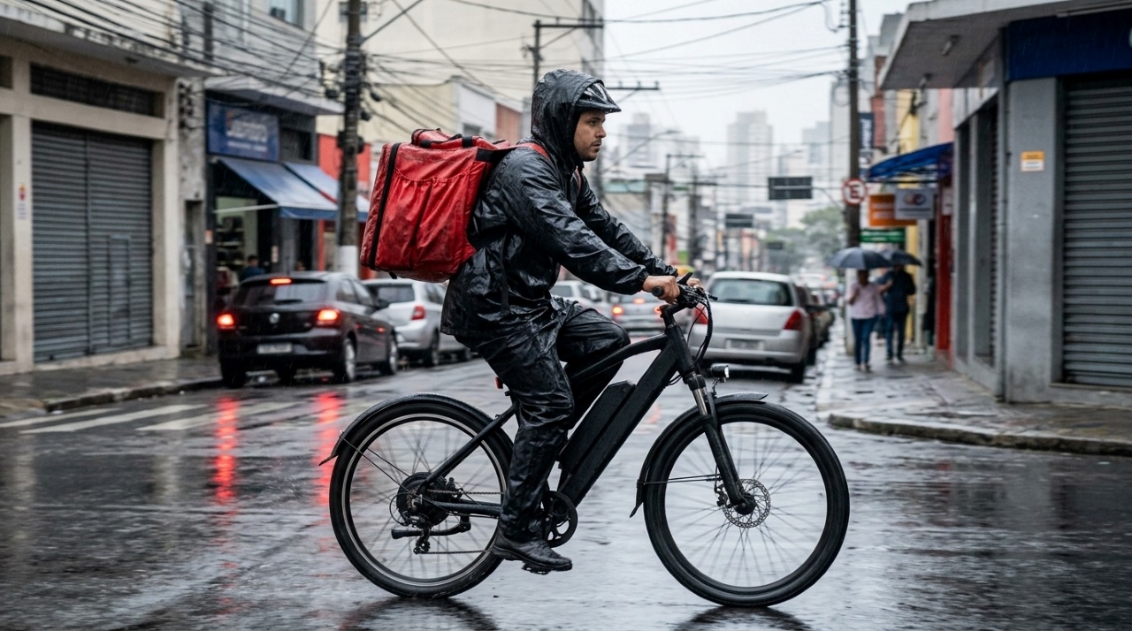 Entregador investe R$ 7.200 em bicicleta elétrica para fazer 30 entregas por dia e chuva de 40 minutos termina com prejuízo de R$ 2.600