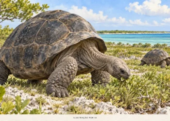 Ilustração por IA de duas tartarugas-gigantes, com cascos abaulados e patas robustas, entre vegetação baixa e rochas claras, com água ao fundo.
