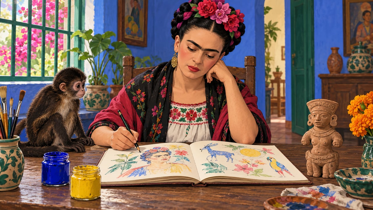 No diário, Frida atribuiu sentidos às cores: o azul era eletricidade e pureza, e o amarelo, loucura, doença e felicidade