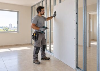 O drywall é montado sobre o piso de cerâmica com estrutura de aço e chapas de gesso, sem quebrar o revestimento