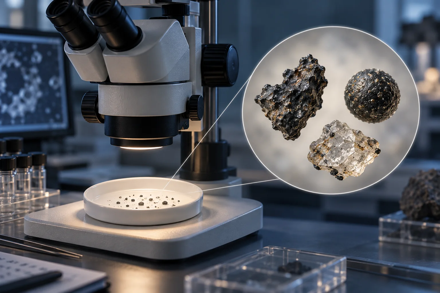 Microscópio e partículas minerais em ampliação ilustrativa, sem escala ou identificação de amostras reais.