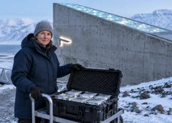 Pessoa com caixa de pacotes metalizados selados junto ao portal de concreto do cofre de Svalbard.