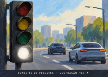 Ilustração conceitual de semáforo com quatro lentes, da vermelha à branca, com a branca iluminada e dois carros ao fundo.