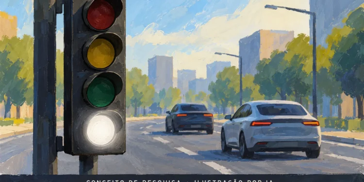 Ilustração conceitual de semáforo com quatro lentes, da vermelha à branca, com a branca iluminada e dois carros ao fundo.