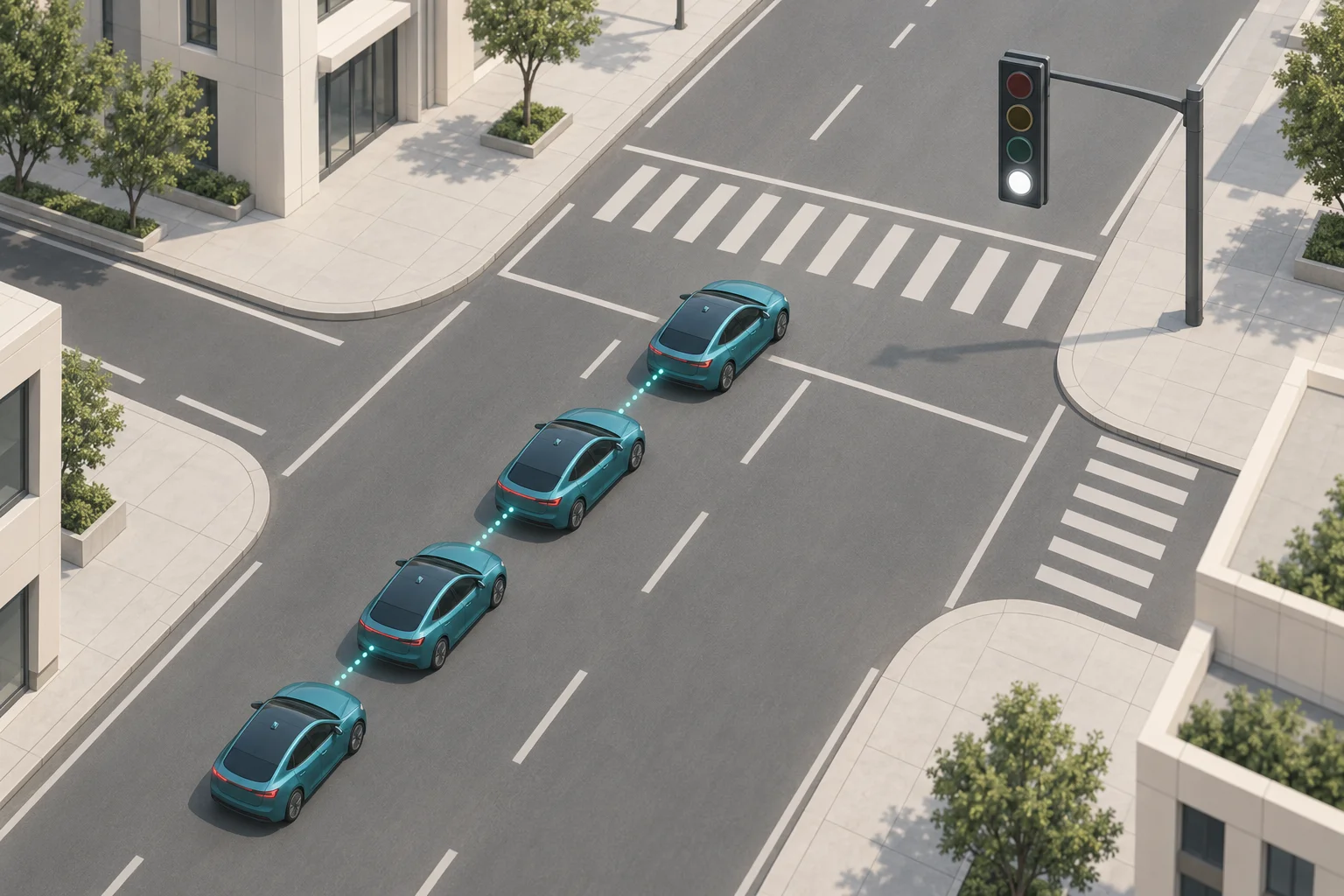Conceito ilustrado de carros conectados em um cruzamento com a quarta luz, branca, acesa.