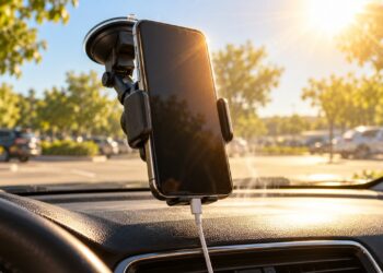 Celular carregando no painel do carro ao sol junta calor e recarga, os dois fatores que mais aceleram o desgaste da bateria