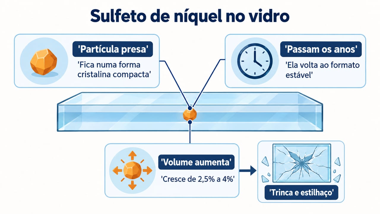O sulfeto de níquel aumenta de 2,5% a 4% de volume com os anos e pode abrir trinca no miolo do vidro