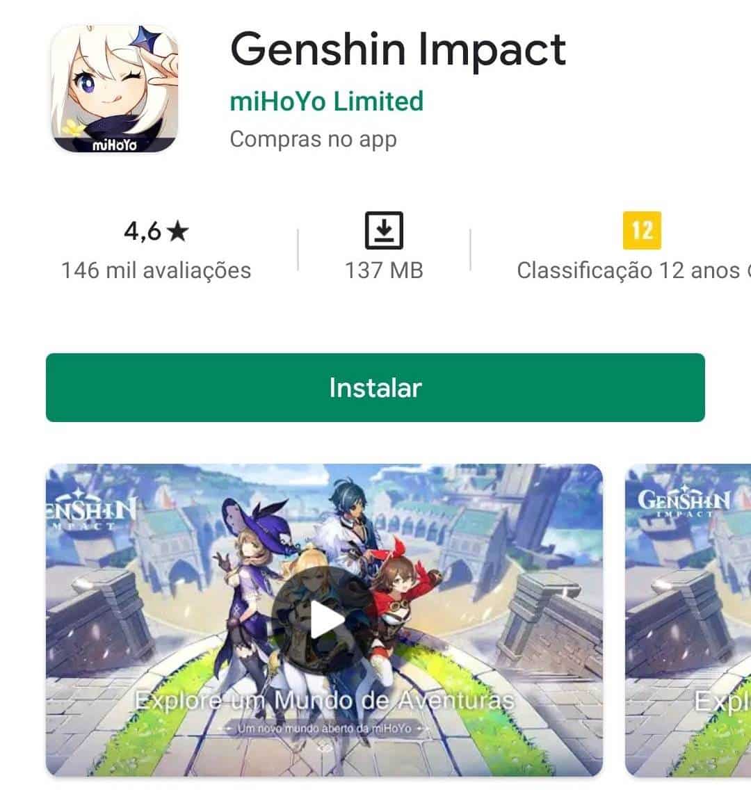 Descrição: Genshin Impact está disponível na Play Store. Crédito: Play Store/Reprodução