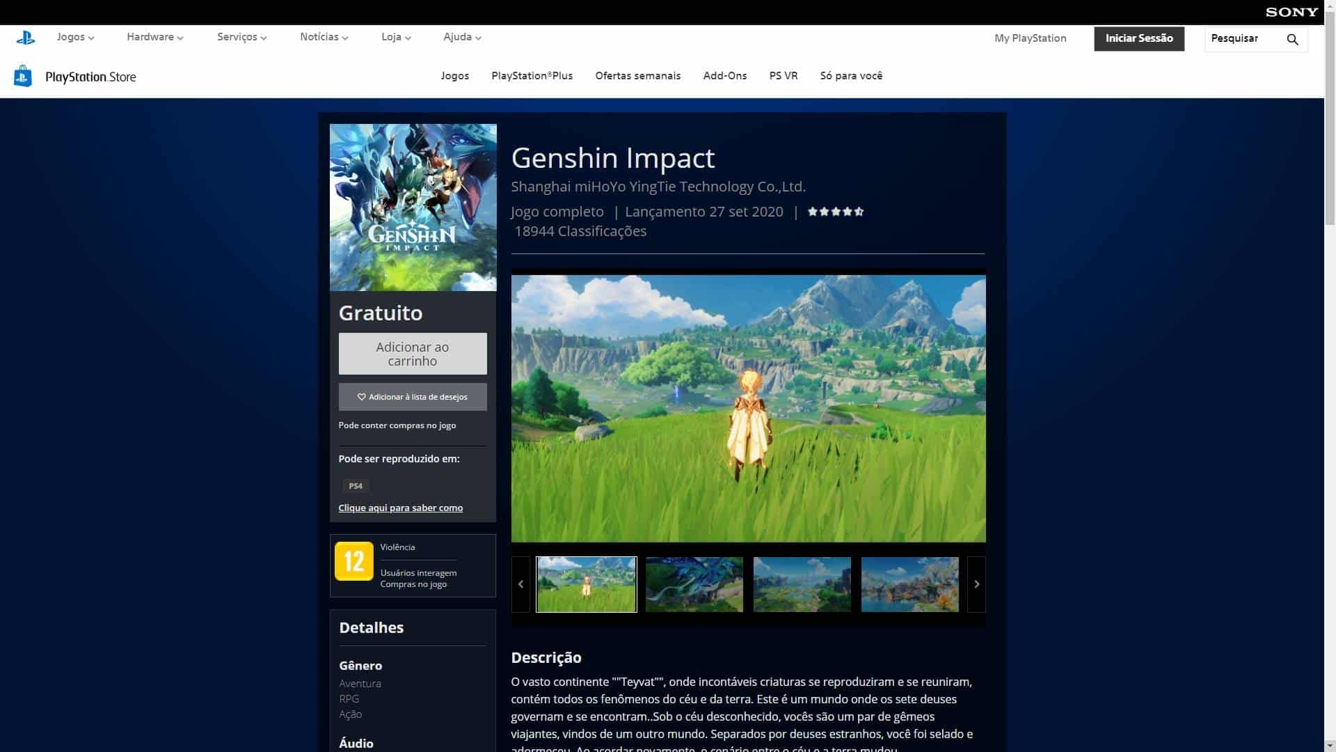 Instalação do jogo Genshin Impact para PS4. Crédito: Sony/Reprodução