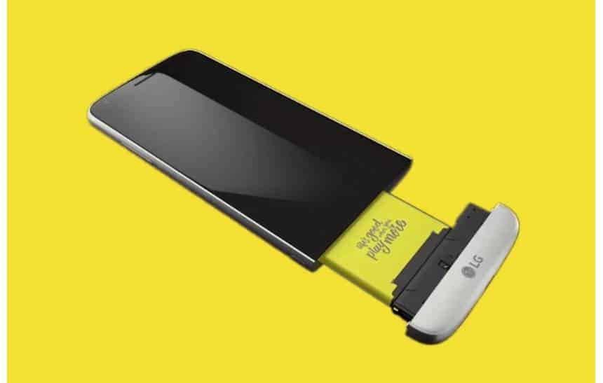 Smartphone LG G5, que podia ser expandido com módulos incuindo baterias maiores, grip de câmera e sistema de som Bang & Olufsen. 