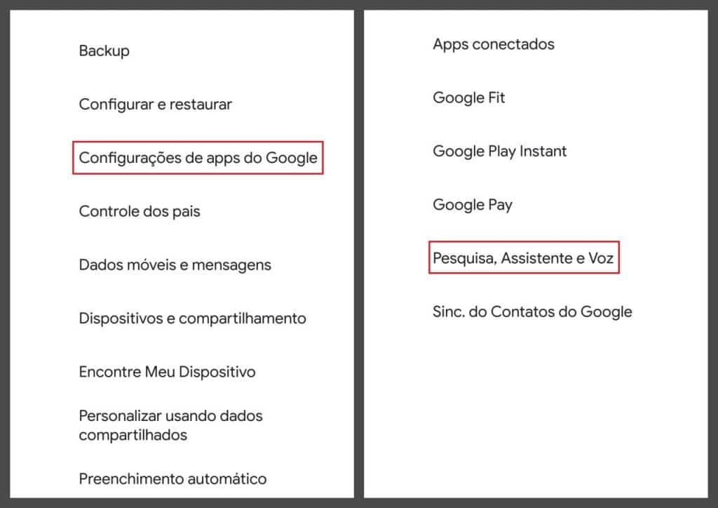 Menu de configurações de apps do Google e lista de apps conectados 