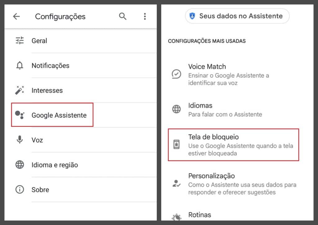 Itens do Menu de app de voz e pesquisa e menu de configurações do Google Assistente
