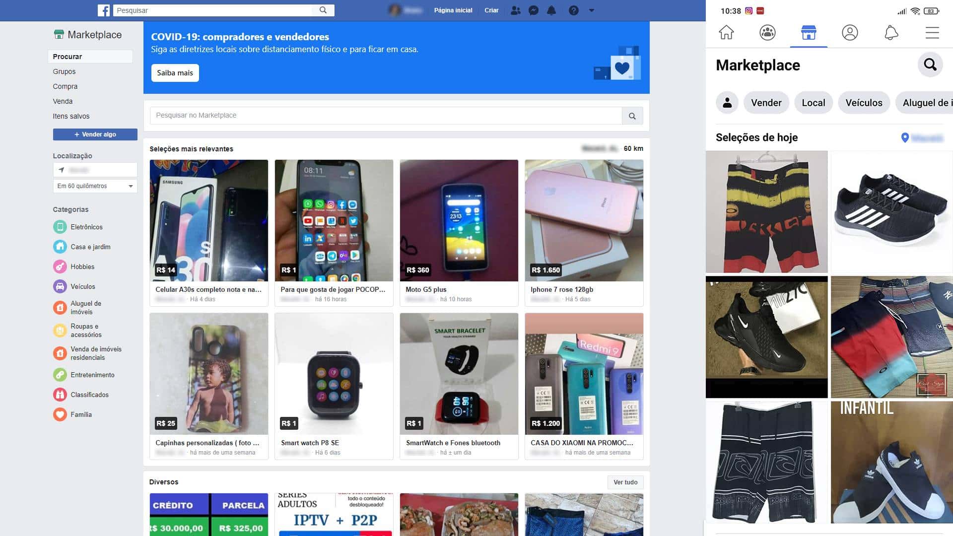 Facebook Marketplace pode ser acessado tanto em desktops quanto em smartphones. Crédito: Facebook/Reprodução