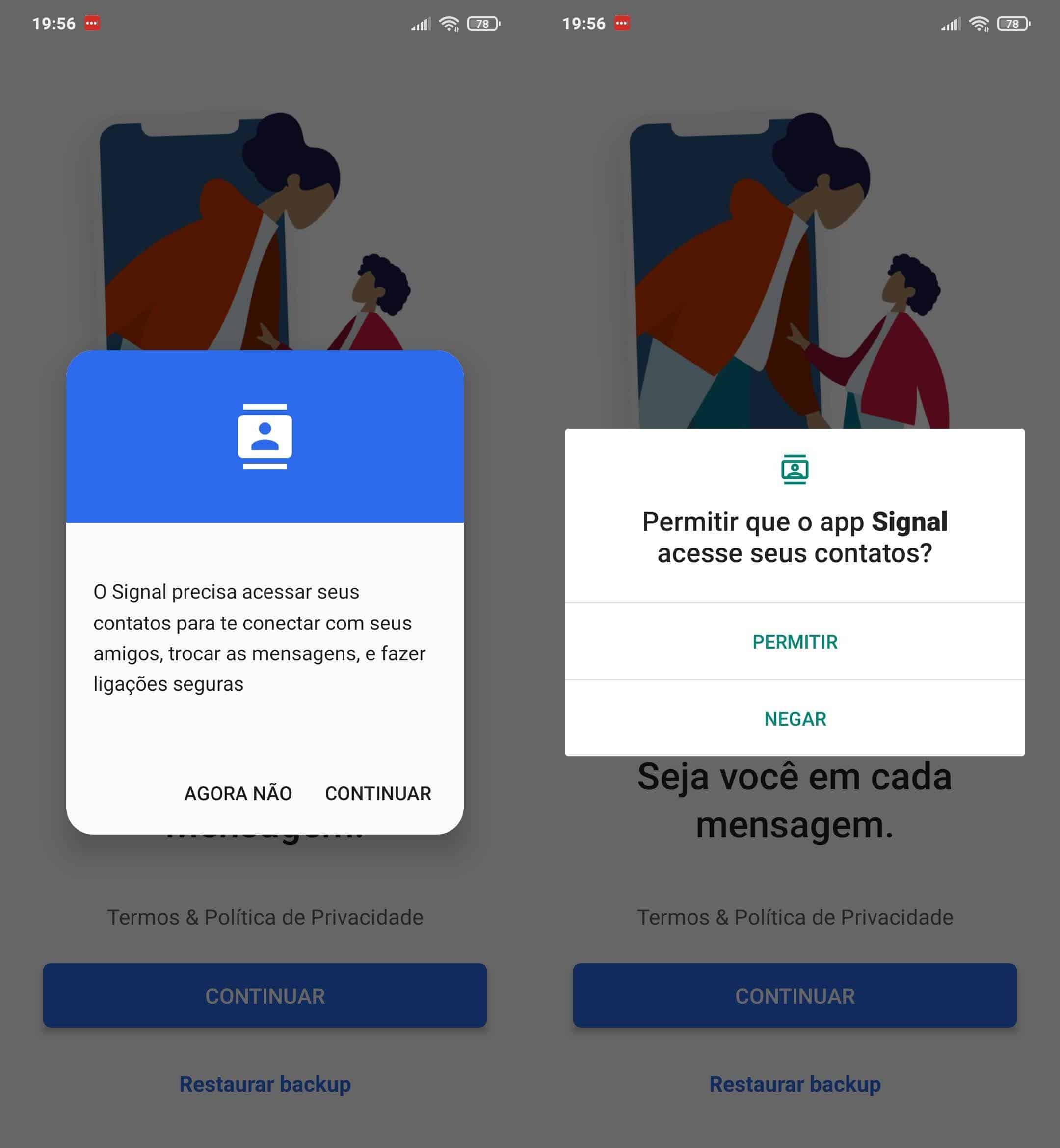 O app precisa acessar seus contatos da sua agenda. Crédito: Signal/Reprodução