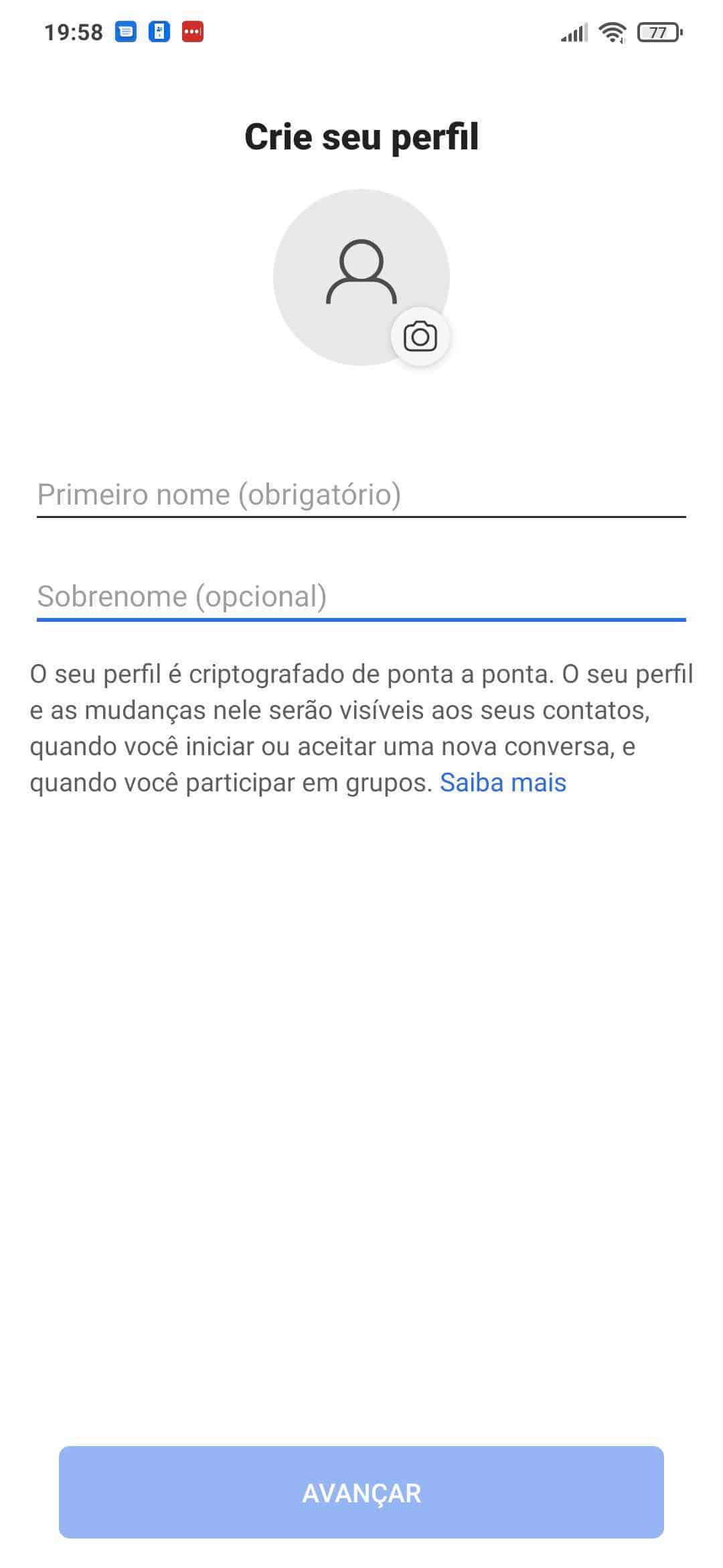 Crie seu perfil, com foto, nome e sobrenome. Crédito: Signal/Reprodução