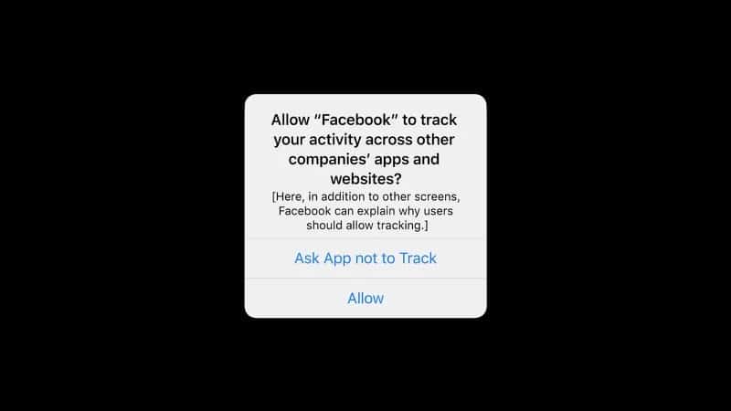 Tela de permissão antes que um app possa rastrear usuários ao exibir anúncios no iOS 14.