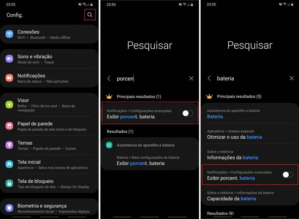 opções de configuração do celular