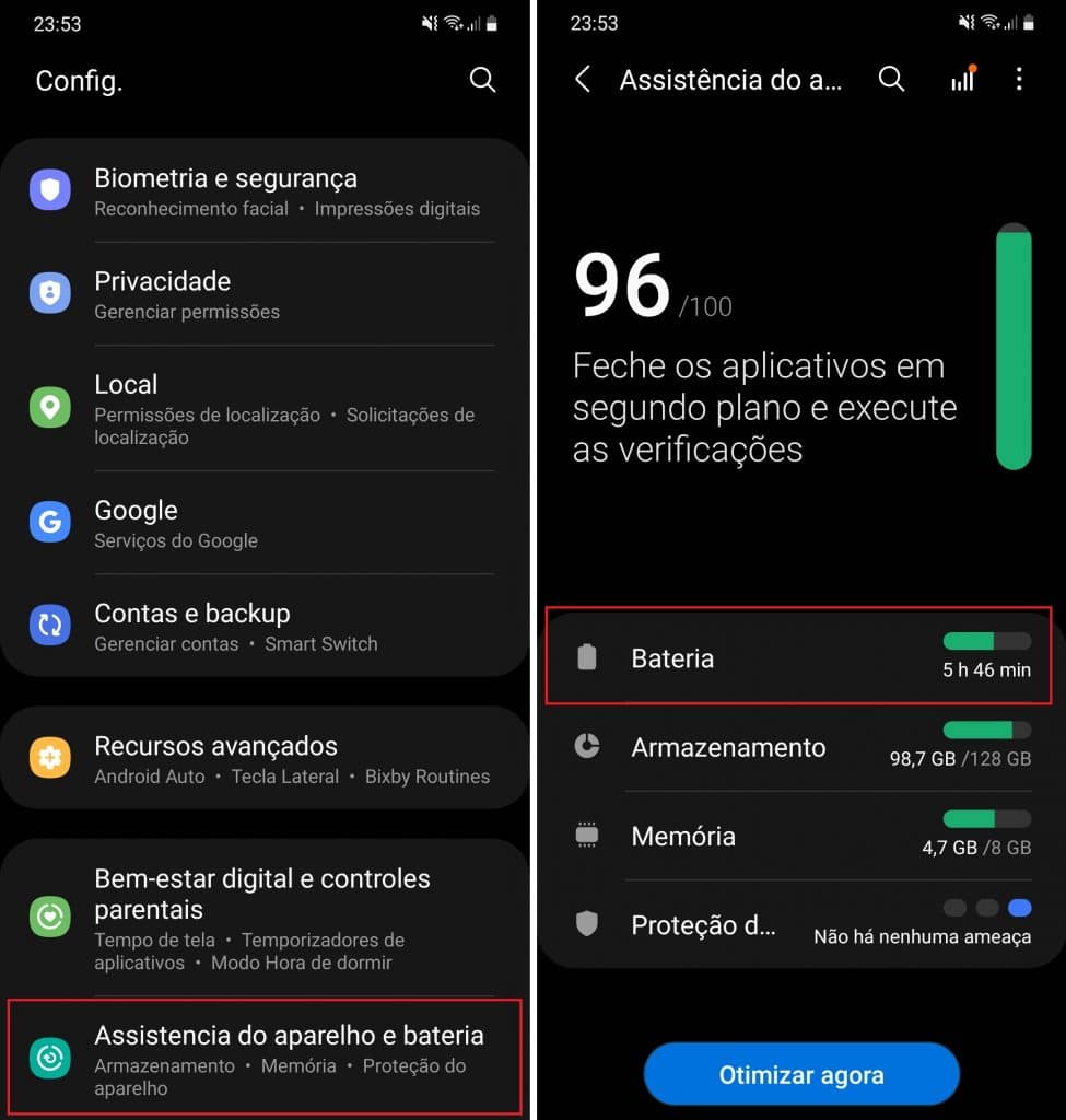 porcentagem de bateria sendo exibida nas configurações de um celular
