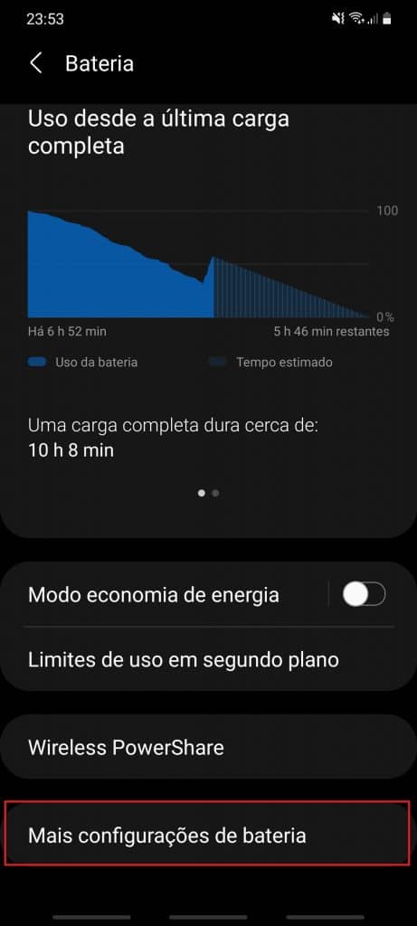 porcentagem de bateria sendo exibida nas configurações de um celular