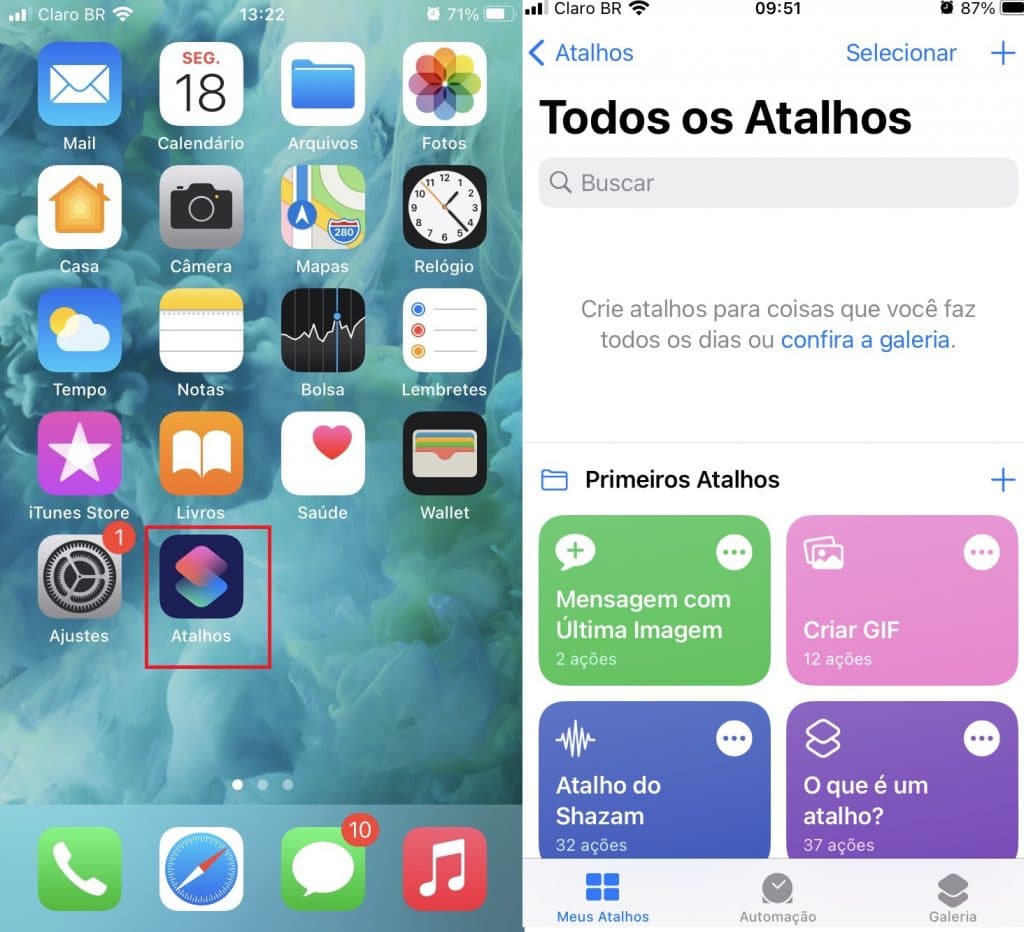 Captura de tela do iPhone mostra como acessar o app Atalhos