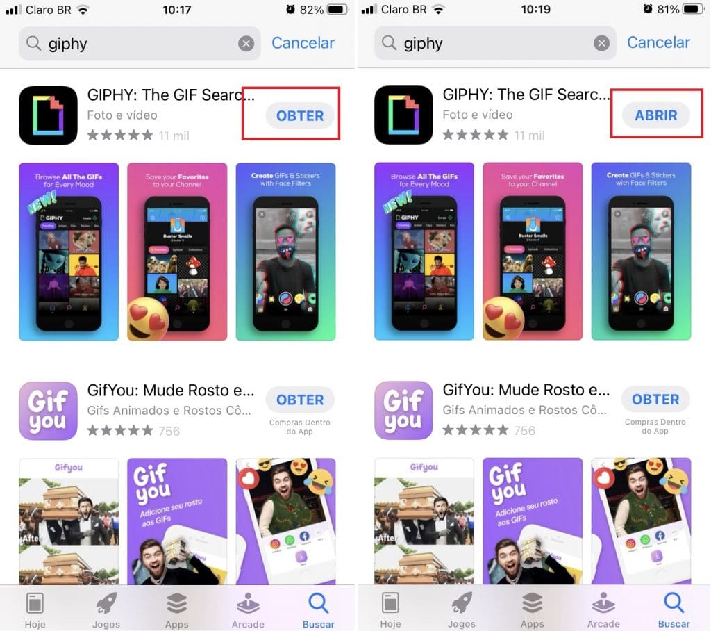 Captura de tela mostra download do Giphy