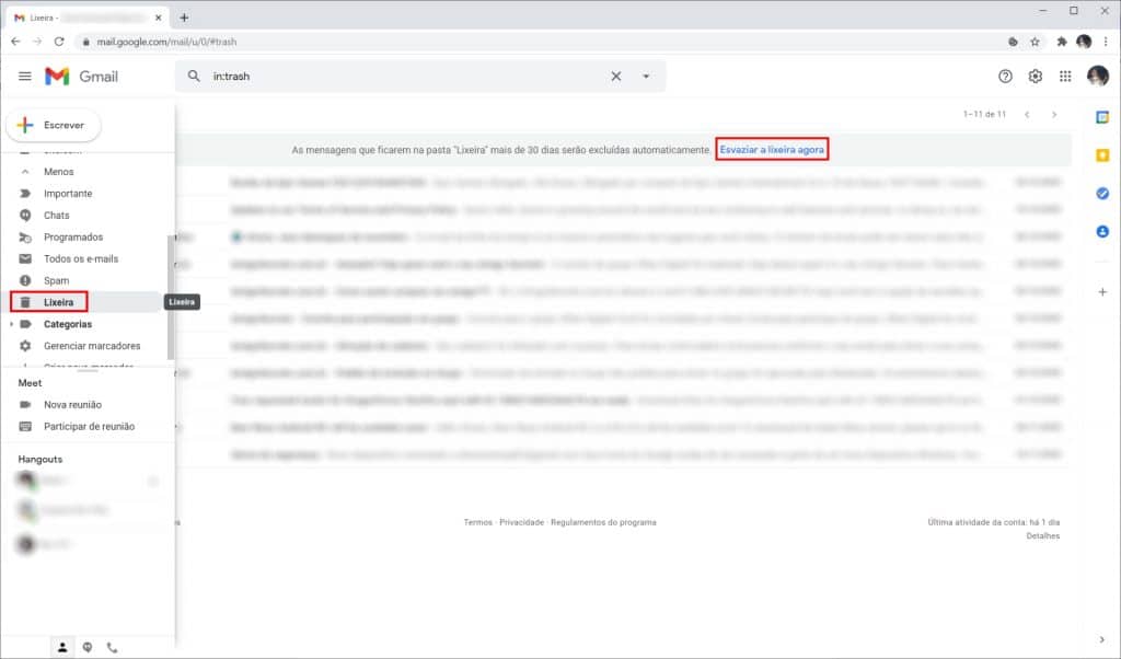 Como liberar espaço no Gmail esvaziando a lixeira
