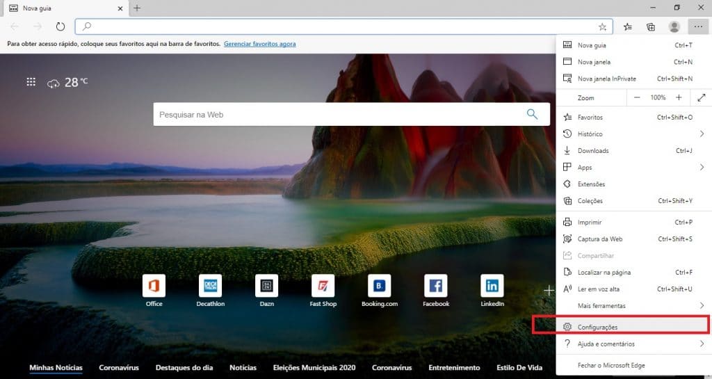 Captura de tela do navegador Edge mostra a localização da função Configurações