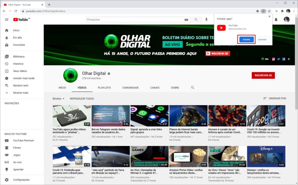 Como instalar o PWA do YouTube no PC - Passo 4