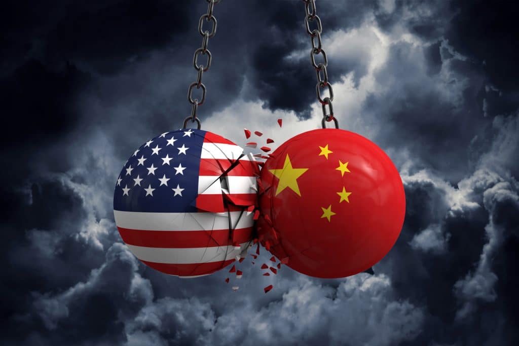Representação da guerra comercial EUA x China envolvendo Huawei e ZTE