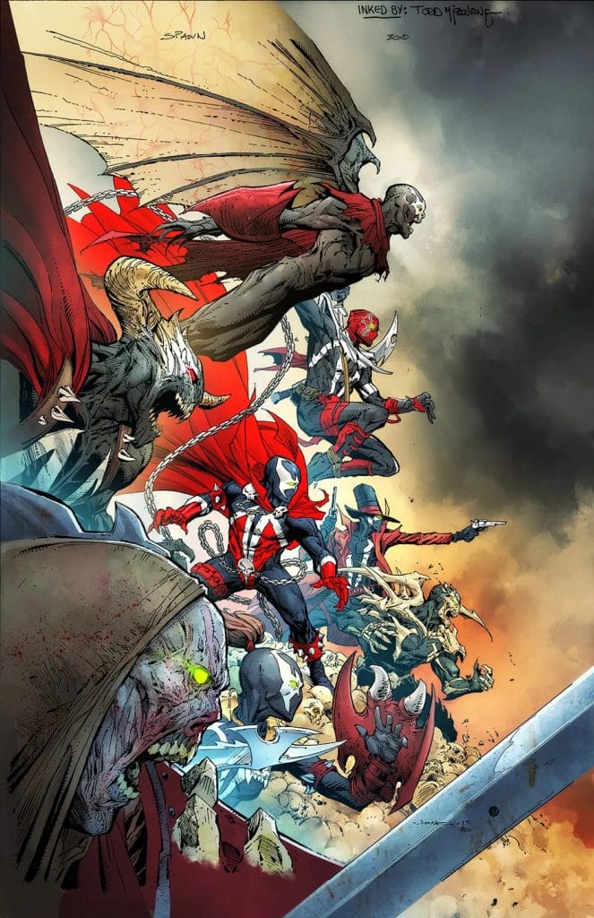 Painel exibindo várias versões reunidas do personagem Spawn, em posição de ataque