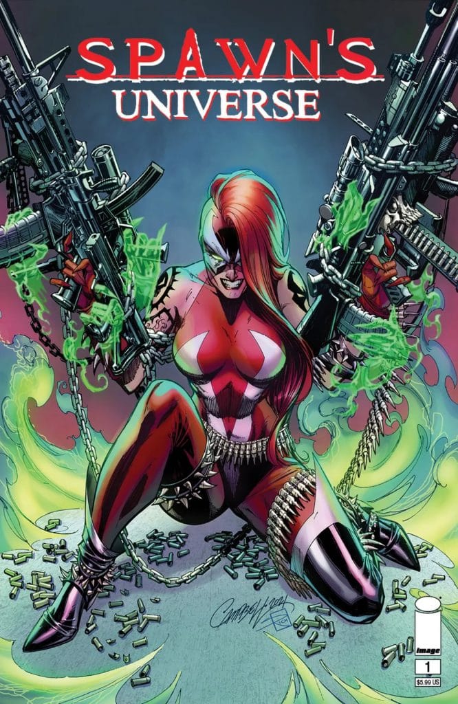 Capa do livro ilustrado "Spawn Universe", mostrando a personagem "Mulher-Spawn" portando duas metralhadoras