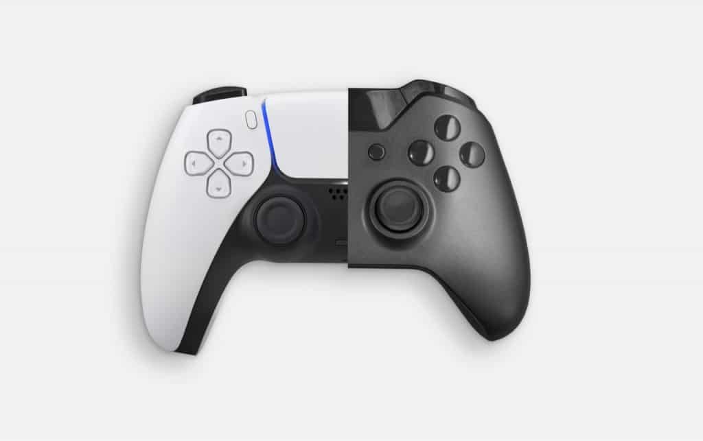 Imagem mostra os controles do PlayStation 5, da Sony, e Xbox Series X, da Microsoft, alinhados lateralmente