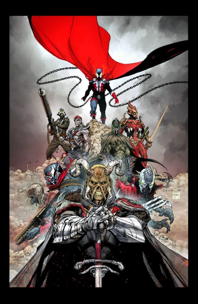 Painel mostrando diversas versões do personagem Spawn, criado por Todd McFarlane