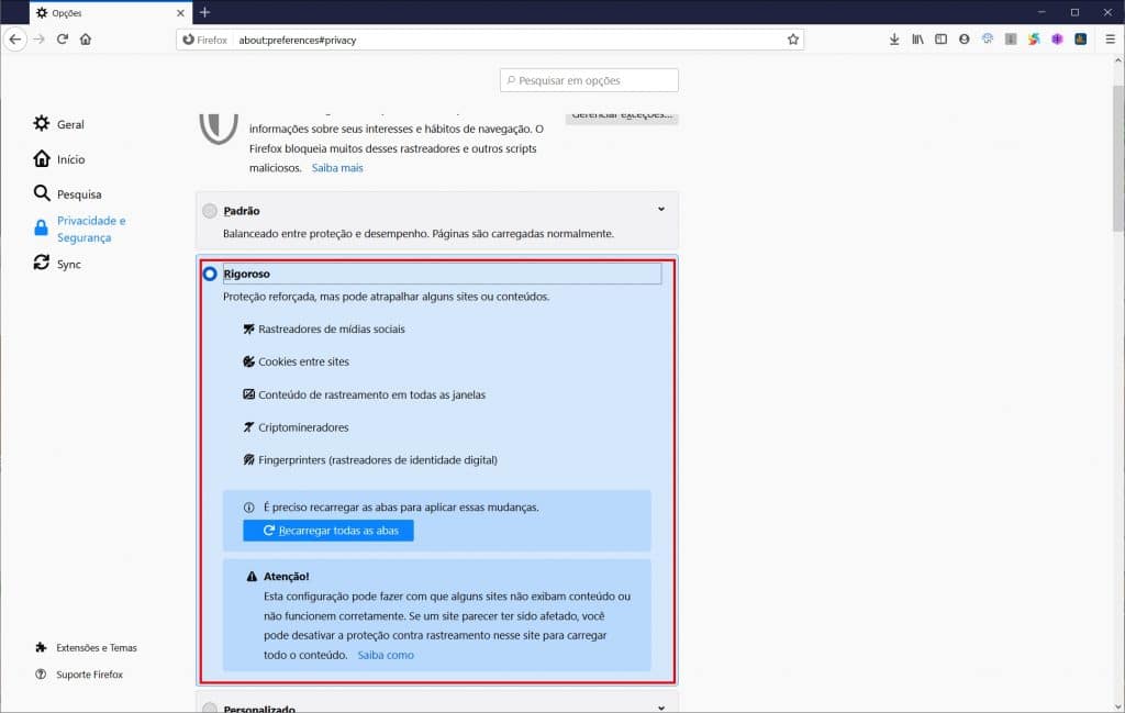 Proteção total contra cookies - Firefox 86