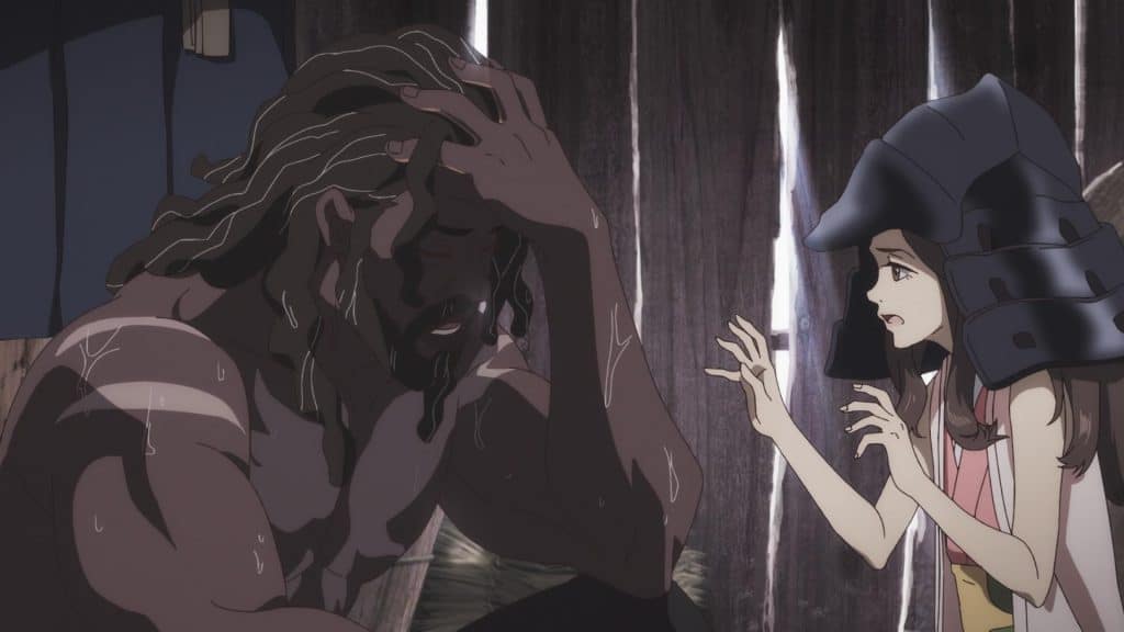 Cena do anime "Yasuke", da Netflix, onde o samurai africano que protagoniza a série parece estar se recuperando de uma luta, sendo cuidado por uma garota que veste o elmo de sua armadura de combate