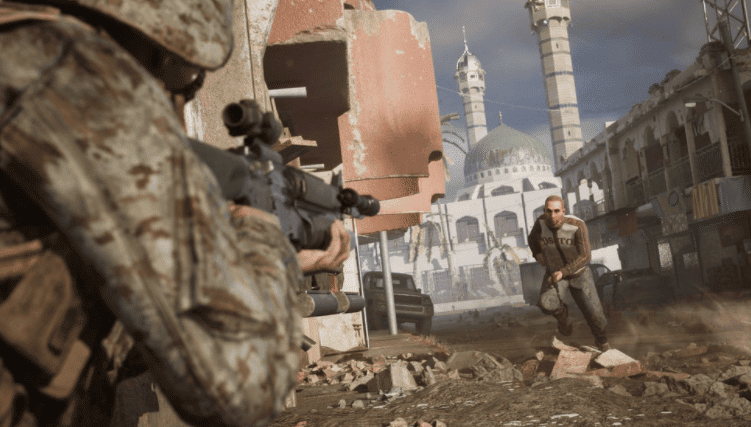 Cena do gameplay de 'Six Days in Fallujah', polêmico jogo sobre a Guerra do Iraque. Imagem: Ventura Games/Reprodução