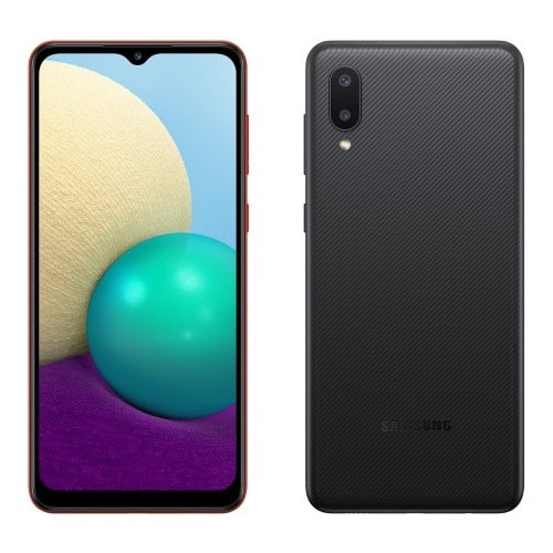 Frente e verso do Samsung Galaxy A02 na cor preta. 
