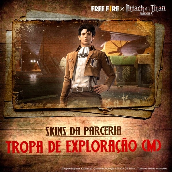Principal recompensa do 'Free Fire' com 'Attack on Titan' é a versão masculina do pacote Tropa de Exploração. Imagem: Garena/Divulgação