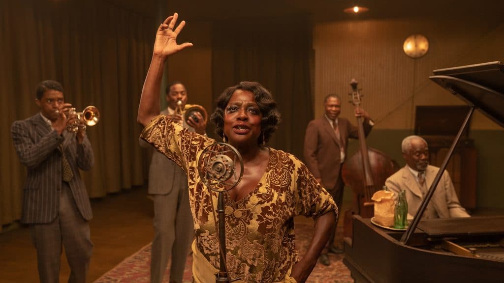 Chadwick Boseman, Colman Domingo, Viola Davis, Michael Potts e Glynn Turman em 'A Voz Suprema do Blues'. Imagem: David Lee/Netflix