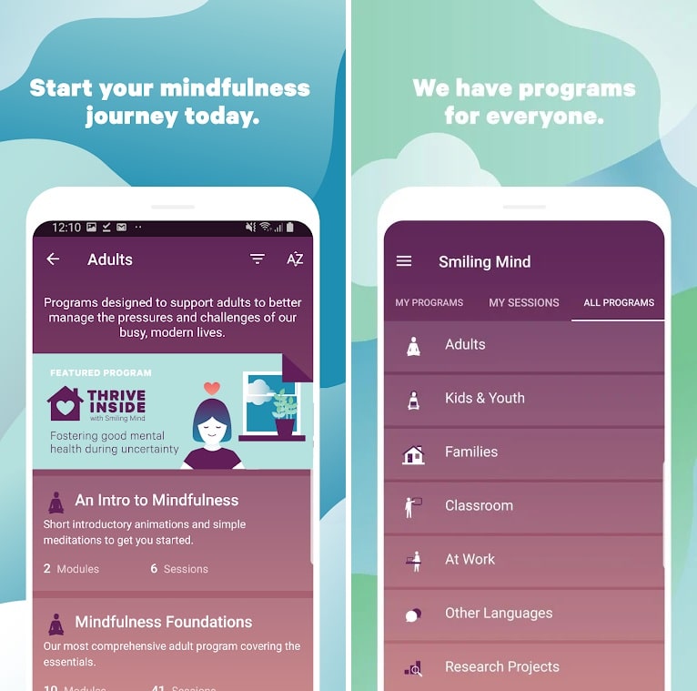 Funcionalidades do app Smilling Mind