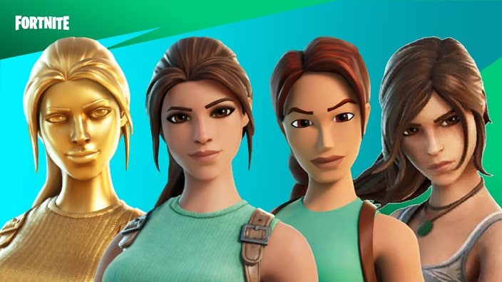 Skins de Lara Croft disponíveis em 'Fortnite'. Imagem: Epic Games/Reprodução