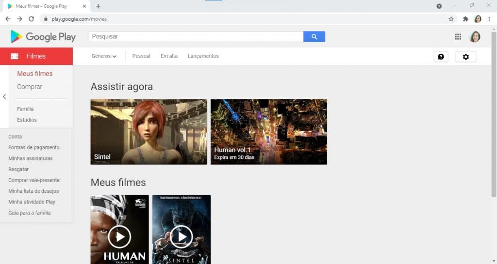 Home do site Google Play, onde é possível ver filmes online