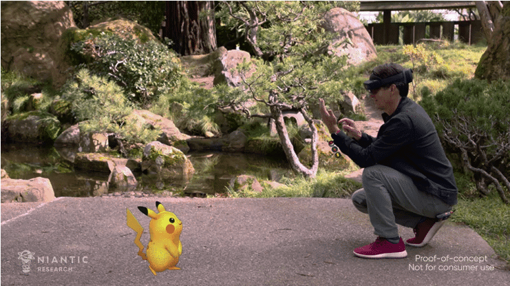 Usando o HoloLens 2, a Niantic Labs vem testando formas de aplicar a realidade virtual do headset ao jogo "Pokémon Go". Imagem: Niantic Labs/Divulgação