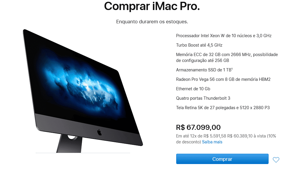 Imagem capturada mostra o iMac Pro, da Apple, junto de um descritivo de suas configurações e o preço de aquisição